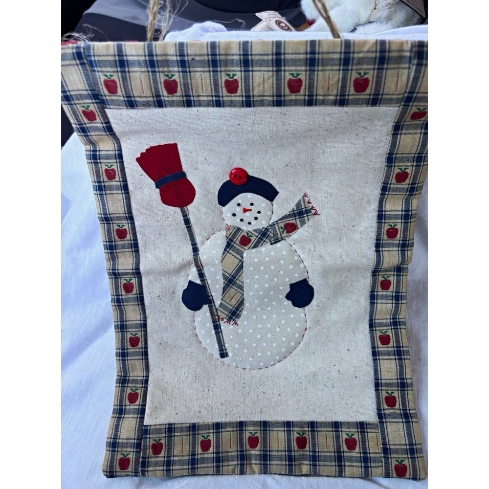 Vintage Snowman Wall Hanging Plaid Apple Print Holiday Decor Fabric Dowel